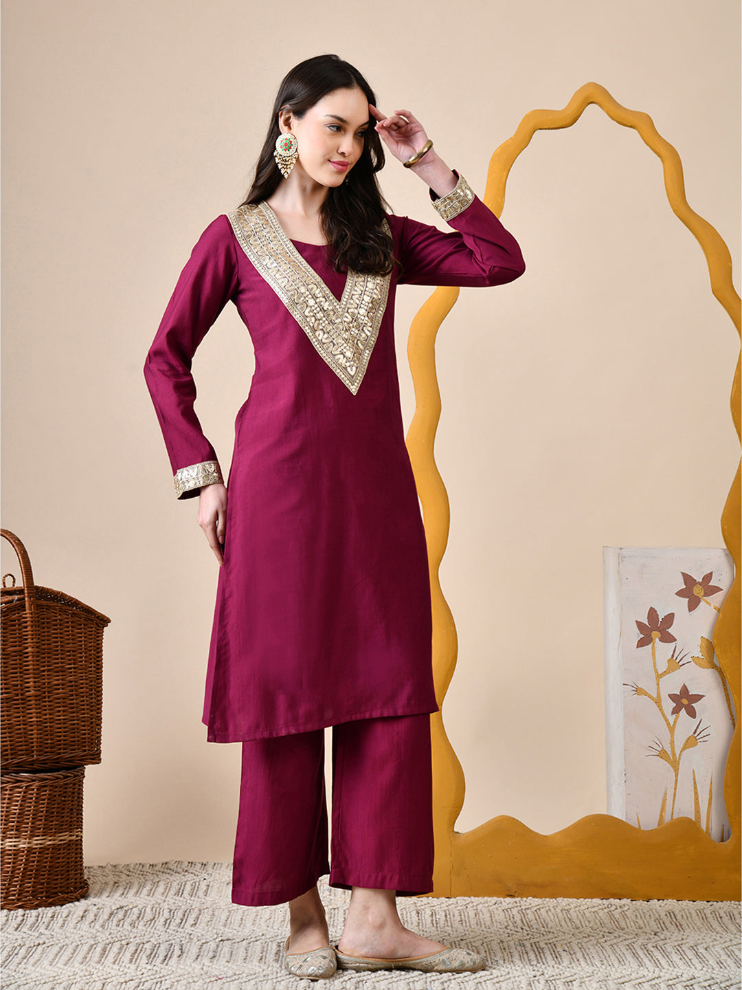 Myshka Wine Silk Blend Straight Round Neck Long Sleeves Kurta Trousers Set