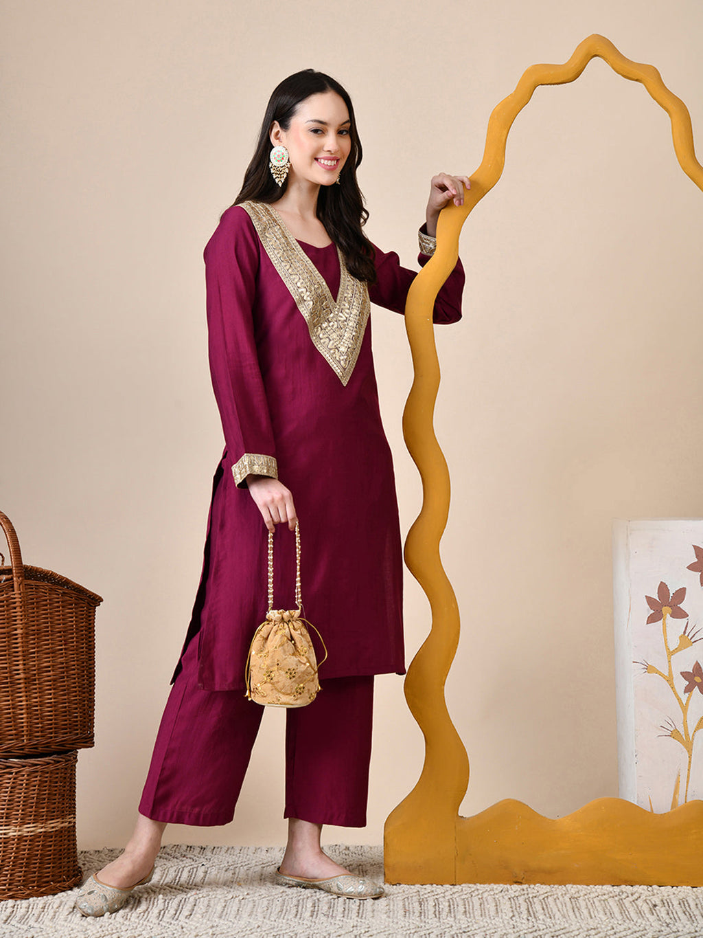 Myshka Wine Silk Blend Straight Round Neck Long Sleeves Kurta Trousers Set