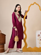 Myshka Wine Silk Blend Straight Round Neck Long Sleeves Kurta Trousers Set