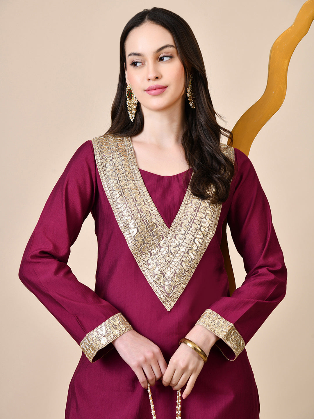 Myshka Wine Silk Blend Straight Round Neck Long Sleeves Kurta Trousers Set