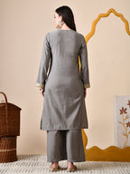 Myshka Gray Silk Blend Straight Round Neck Long Sleeves Kurta Trousers Set