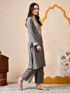 Myshka Gray Silk Blend Straight Round Neck Long Sleeves Kurta Trousers Set