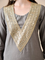Myshka Gray Silk Blend Straight Round Neck Long Sleeves Kurta Trousers Set