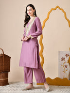 Myshka Lavender Silk Blend Straight Round Neck Long Sleeves Kurta Trousers Set
