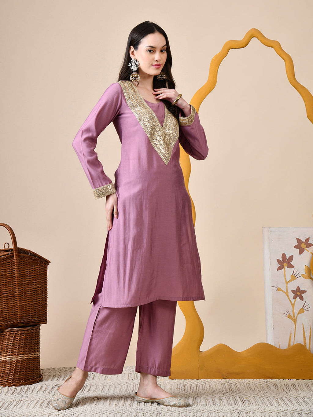 Myshka Lavender Silk Blend Straight Round Neck Long Sleeves Kurta Trousers Set
