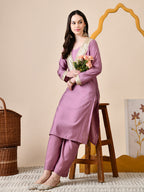 Myshka Lavender Silk Blend Straight Round Neck Long Sleeves Kurta Trousers Set