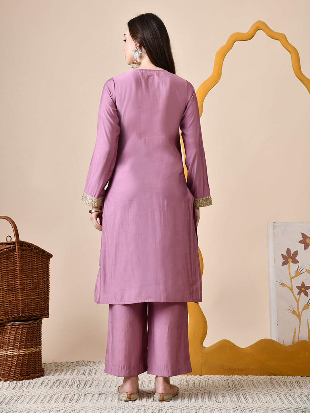 Myshka Lavender Silk Blend Straight Round Neck Long Sleeves Kurta Trousers Set