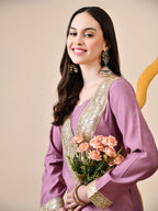 Myshka Lavender Silk Blend Straight Round Neck Long Sleeves Kurta Trousers Set