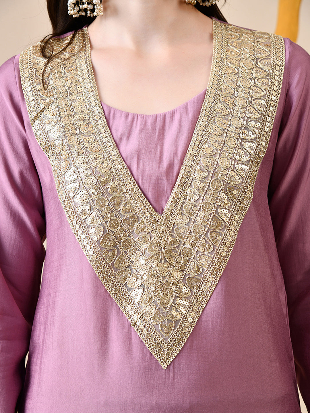 Myshka Lavender Silk Blend Straight Round Neck Long Sleeves Kurta Trousers Set