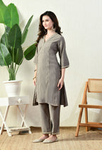 Myshka Gray Silk Blend Straight Round Neck Three-Quarter Sleeves Kurta Trousers Set