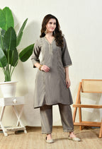 Myshka Gray Silk Blend Straight Round Neck Three-Quarter Sleeves Kurta Trousers Set