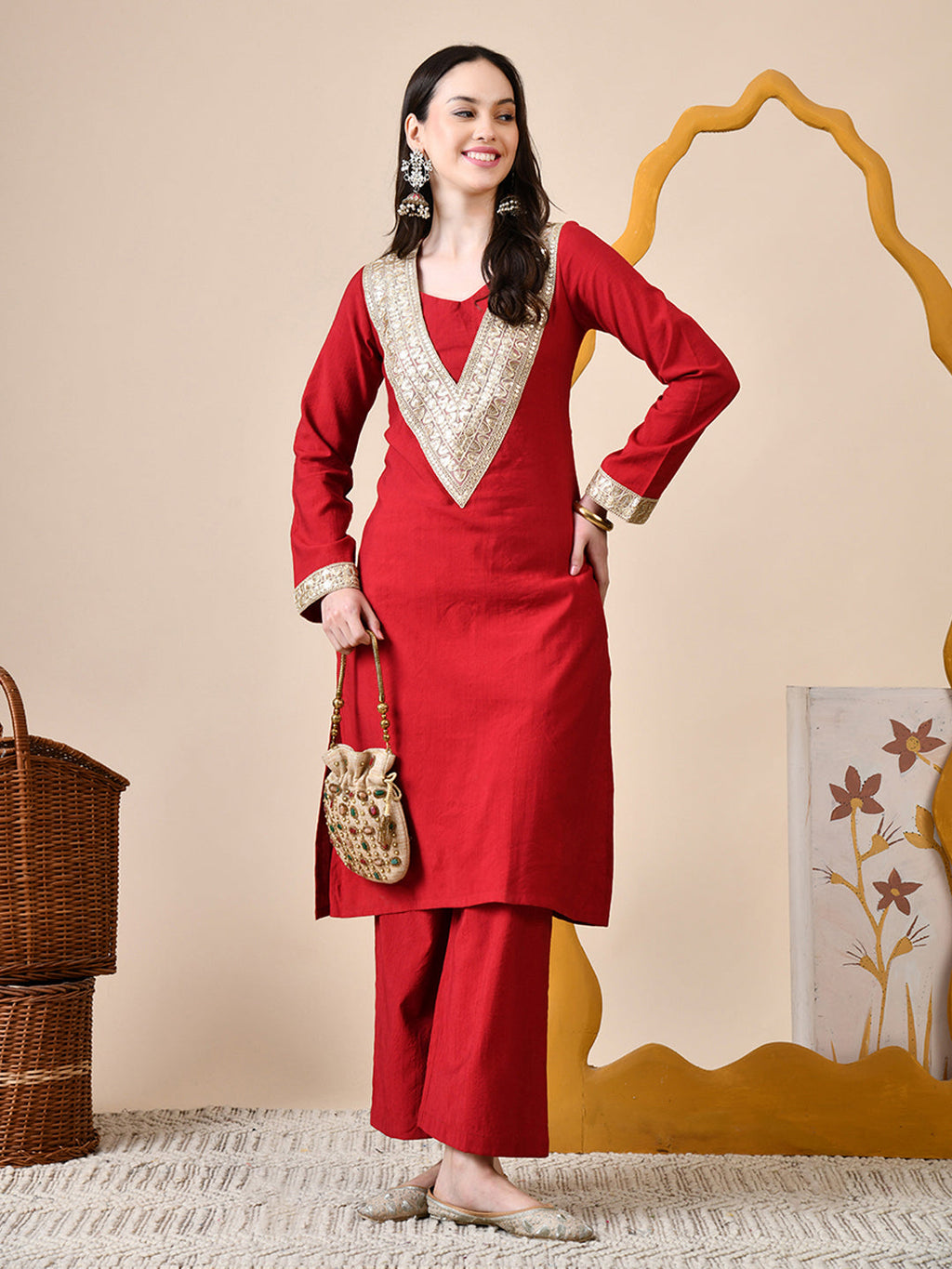 Myshka Red Silk Blend Straight Round Neck Long Sleeves Kurta Trousers Set