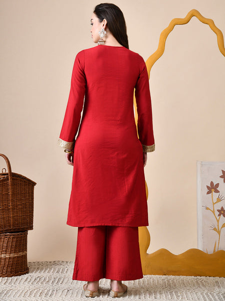 Myshka Red Silk Blend Straight Round Neck Long Sleeves Kurta Trousers Set
