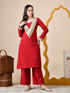 Myshka Red Silk Blend Straight Round Neck Long Sleeves Kurta Trousers Set