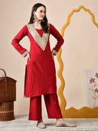 Myshka Red Silk Blend Straight Round Neck Long Sleeves Kurta Trousers Set