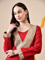 Myshka Red Silk Blend Straight Round Neck Long Sleeves Kurta Trousers Set