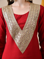 Myshka Red Silk Blend Straight Round Neck Long Sleeves Kurta Trousers Set