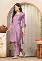 Myshka Lavender Silk Blend Straight Round Neck Three-Quarter Sleeves Kurta Trousers Set