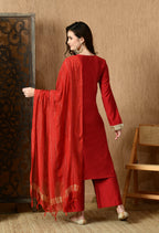Myshka Red Silk Blend Straight Round Neck Long Sleeves Kurta Trousers With Dupatta