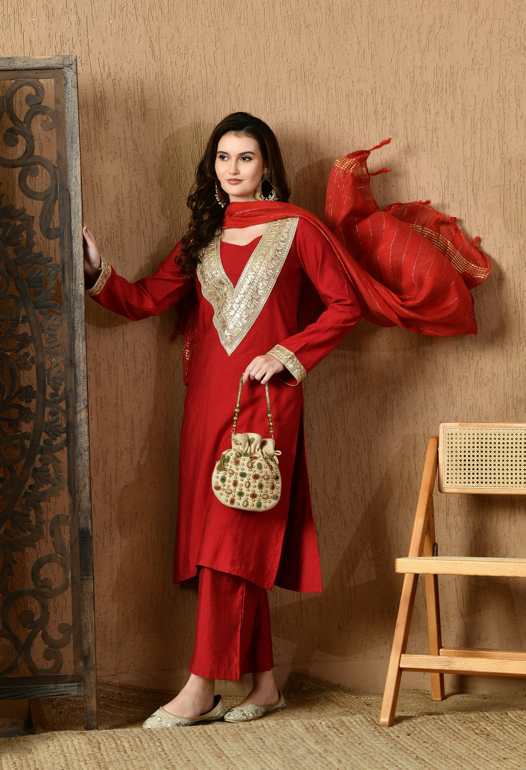 Myshka Red Silk Blend Straight Round Neck Long Sleeves Kurta Trousers With Dupatta