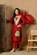 Myshka Red Silk Blend Straight Round Neck Long Sleeves Kurta Trousers With Dupatta