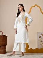 Myshka White Silk Blend Straight Round Neck Long Sleeves Kurta Trousers Set
