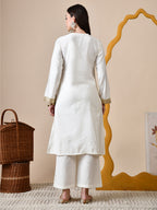 Myshka White Silk Blend Straight Round Neck Long Sleeves Kurta Trousers Set