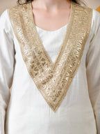 Myshka White Silk Blend Straight Round Neck Long Sleeves Kurta Trousers Set