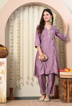 Myshka Lavender Silk Blend Straight Round Neck Three-Quarter Sleeves Kurta Trousers Set
