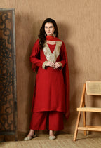 Myshka Red Silk Blend Straight Round Neck Long Sleeves Kurta Trousers With Dupatta