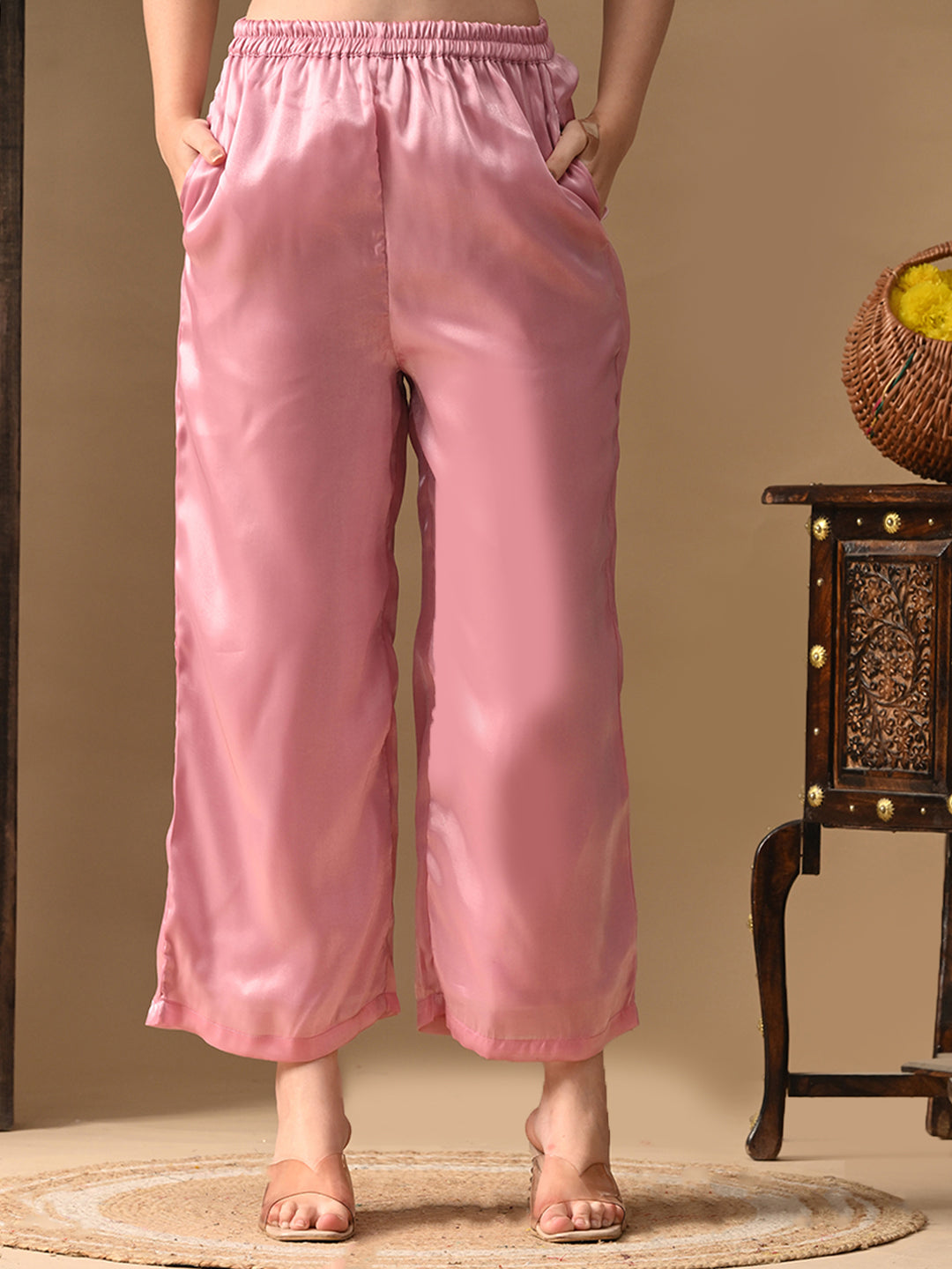 Myshka Pink Silk Blend Straight Round Neck Short Sleeves Kurta Trousers With Dupatta