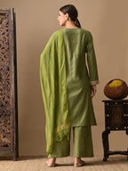 Myshka Green Silk Blend Straight Round Neck Long Sleeves Kurta Trousers With Dupatta