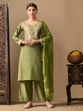 Myshka Green Silk Blend Straight Round Neck Long Sleeves Kurta Trousers With Dupatta