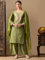 Myshka Green Silk Blend Straight Round Neck Long Sleeves Kurta Trousers With Dupatta