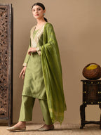 Myshka Green Silk Blend Straight Round Neck Long Sleeves Kurta Trousers With Dupatta