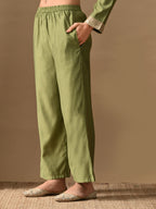 Myshka Green Silk Blend Straight Round Neck Long Sleeves Kurta Trousers With Dupatta