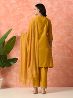 Myshka Musturd Silk Blend Straight V-Neck Three-Quarter Sleeves Kurta Trousers With Dupatta