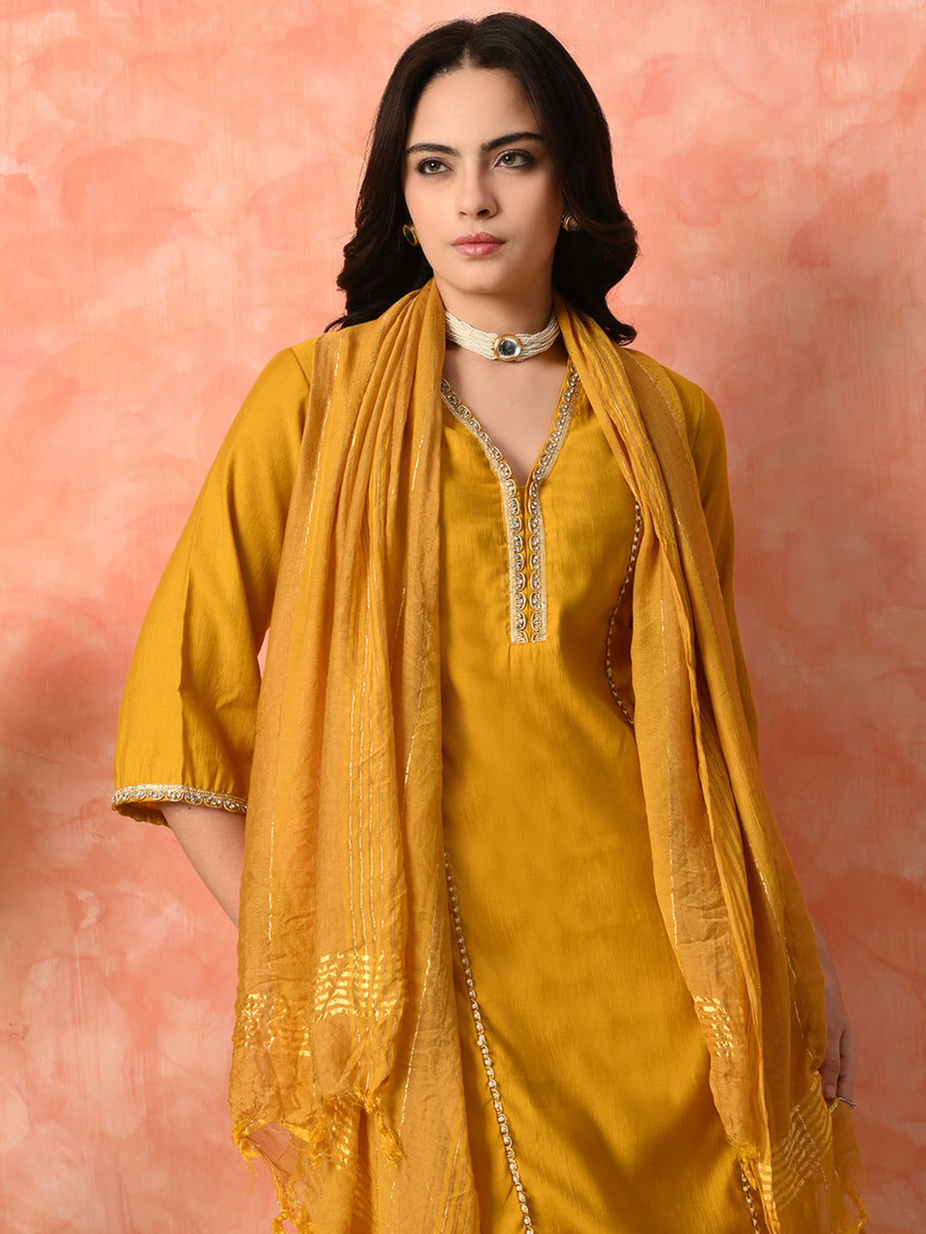 Myshka Musturd Silk Blend Straight V-Neck Three-Quarter Sleeves Kurta Trousers With Dupatta