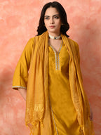 Myshka Musturd Silk Blend Straight V-Neck Three-Quarter Sleeves Kurta Trousers With Dupatta