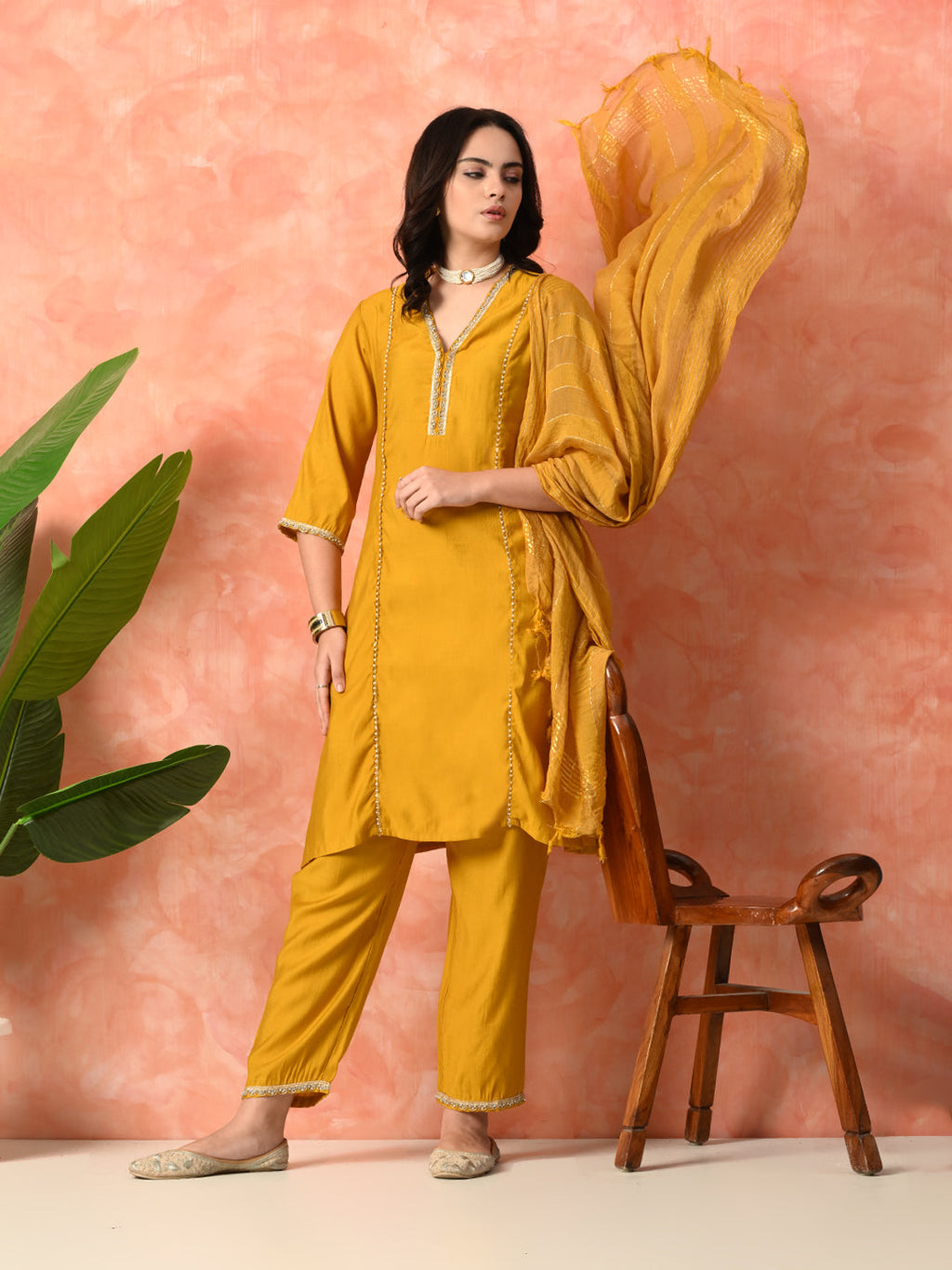 Myshka Musturd Silk Blend Straight V-Neck Three-Quarter Sleeves Kurta Trousers With Dupatta