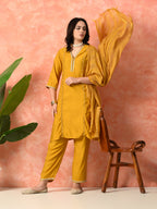 Myshka Musturd Silk Blend Straight V-Neck Three-Quarter Sleeves Kurta Trousers With Dupatta