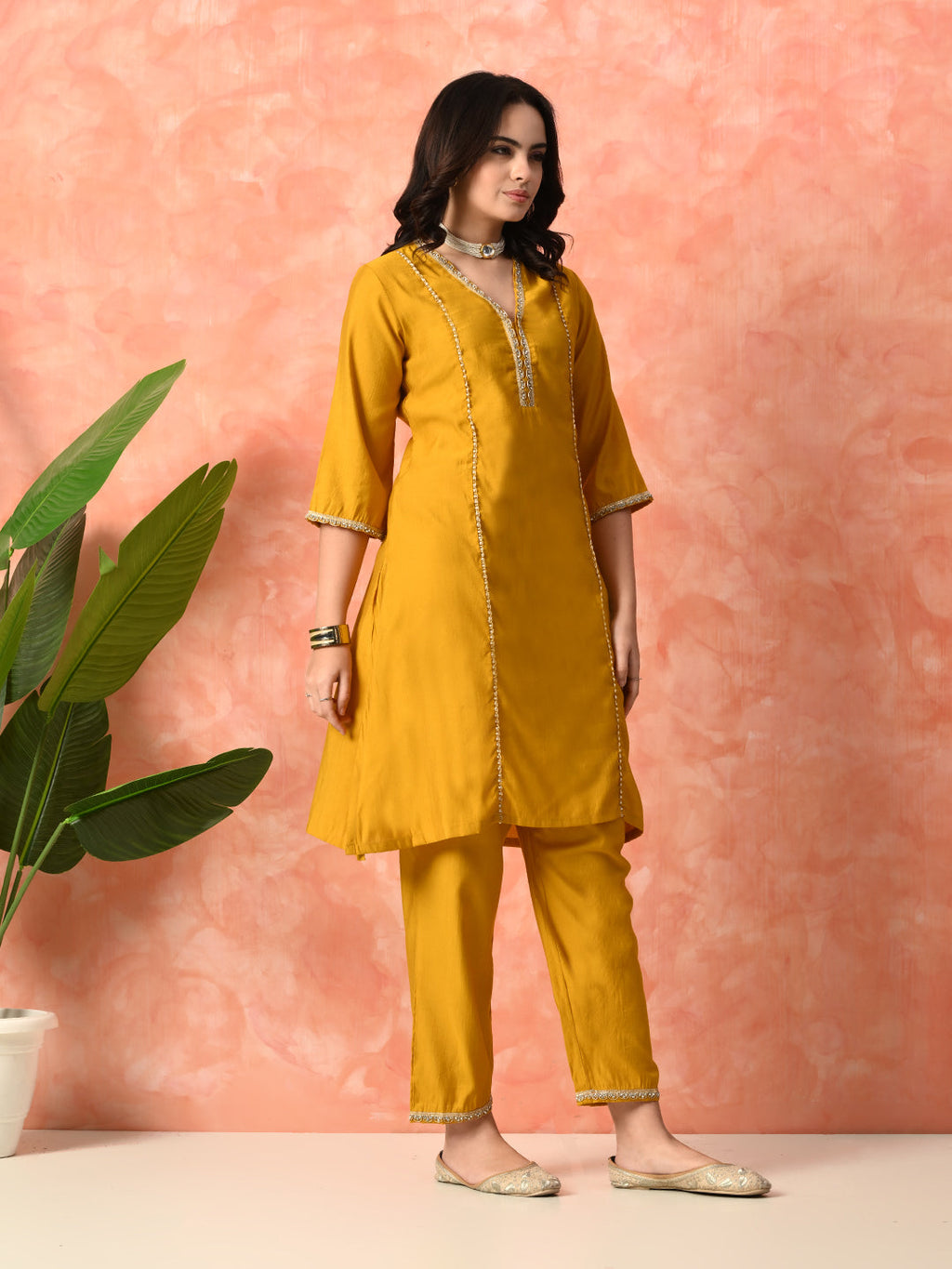 Myshka Musturd Silk Blend Straight V-Neck Three-Quarter Sleeves Kurta Trousers With Dupatta