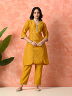 Myshka Musturd Silk Blend Straight V-Neck Three-Quarter Sleeves Kurta Trousers With Dupatta