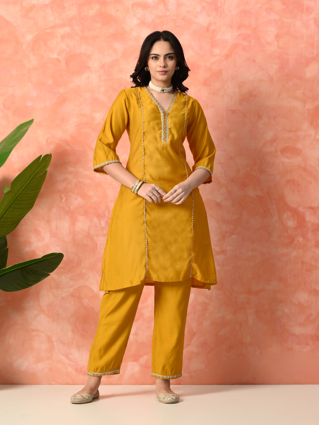 Myshka Musturd Silk Blend Straight V-Neck Three-Quarter Sleeves Kurta Trousers With Dupatta