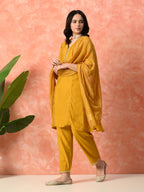 Myshka Musturd Silk Blend Straight V-Neck Three-Quarter Sleeves Kurta Trousers With Dupatta