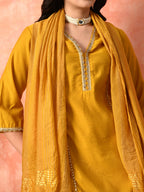Myshka Musturd Silk Blend Straight V-Neck Three-Quarter Sleeves Kurta Trousers With Dupatta