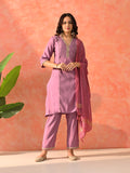 Myshka Lavender Silk Blend Straight V-Neck Three-Quarter Sleeves Kurta Trousers With Dupatta