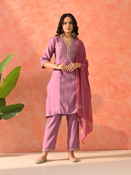 Myshka Lavender Silk Blend Straight V-Neck Three-Quarter Sleeves Kurta Trousers With Dupatta