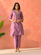 Myshka Lavender Silk Blend Straight V-Neck Three-Quarter Sleeves Kurta Trousers With Dupatta