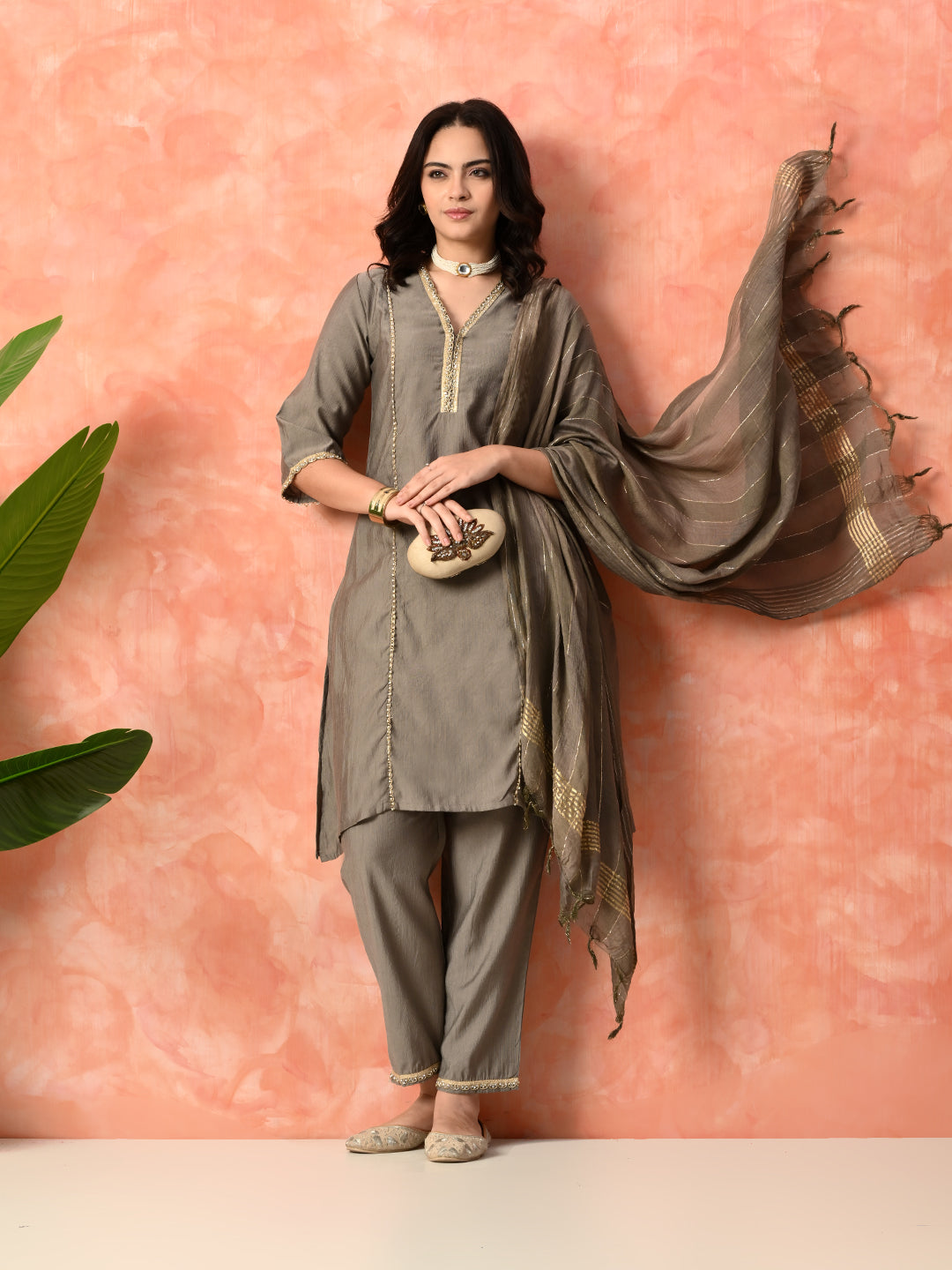 Myshka Gray Silk Blend Straight V-Neck Three-Quarter Sleeves Kurta Trousers With Dupatta